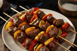 Brochetas de carne y vegetales